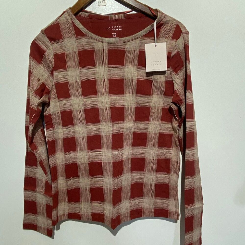 LC Lauren Conrad Womens Maroon White Crew‎ Neck Long Sleeve Intimate Top XS NWT